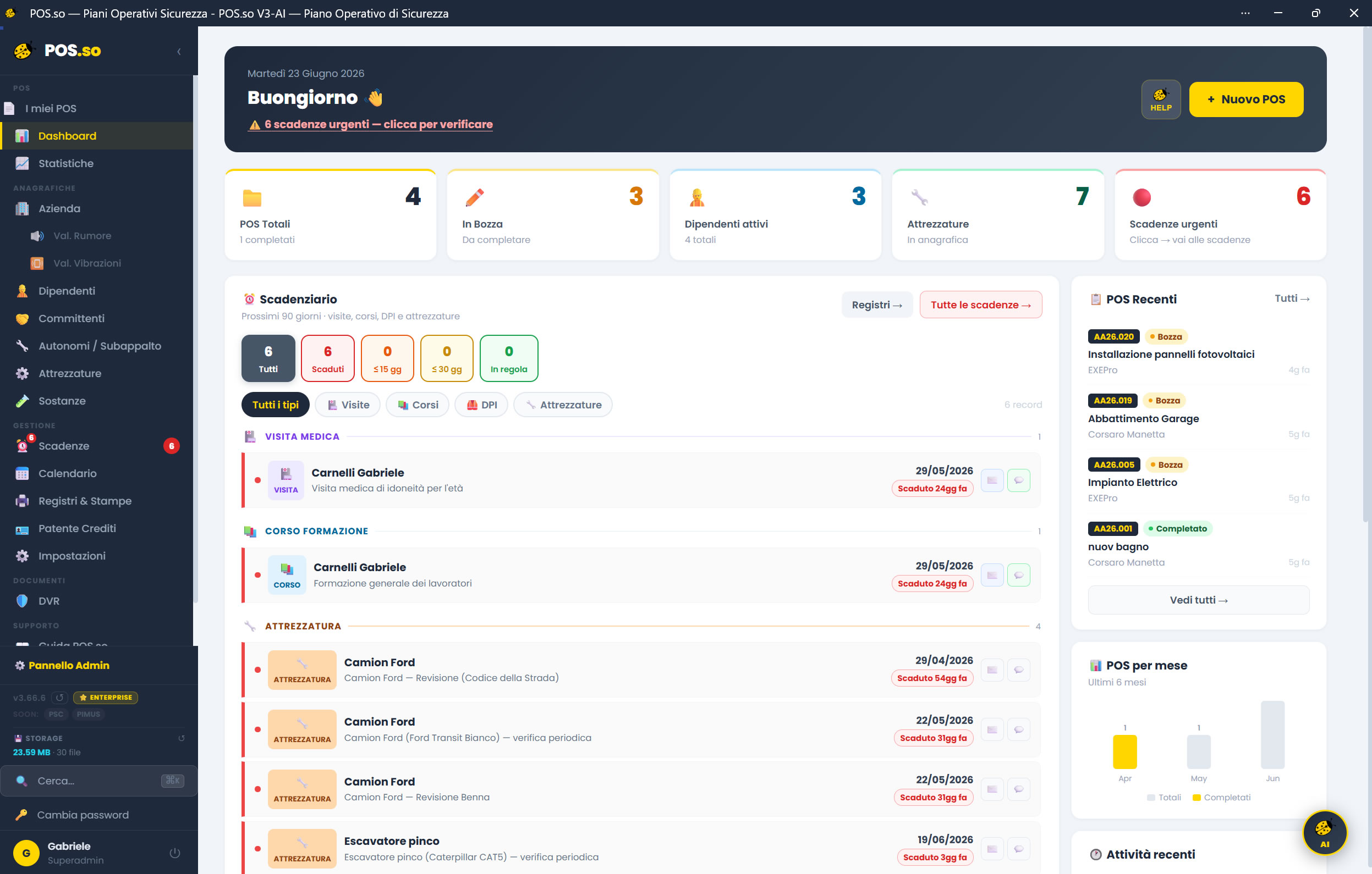 Dashboard POS.so: scadenze sicurezza e POS recenti